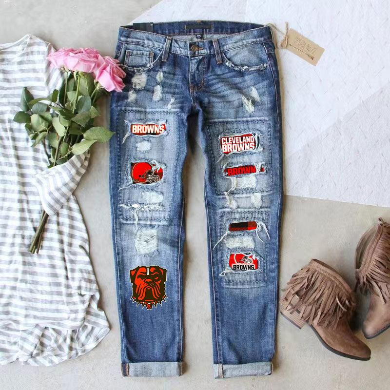 Casual fashion perforated printed jeans-Cleveland Browns - fitnfan