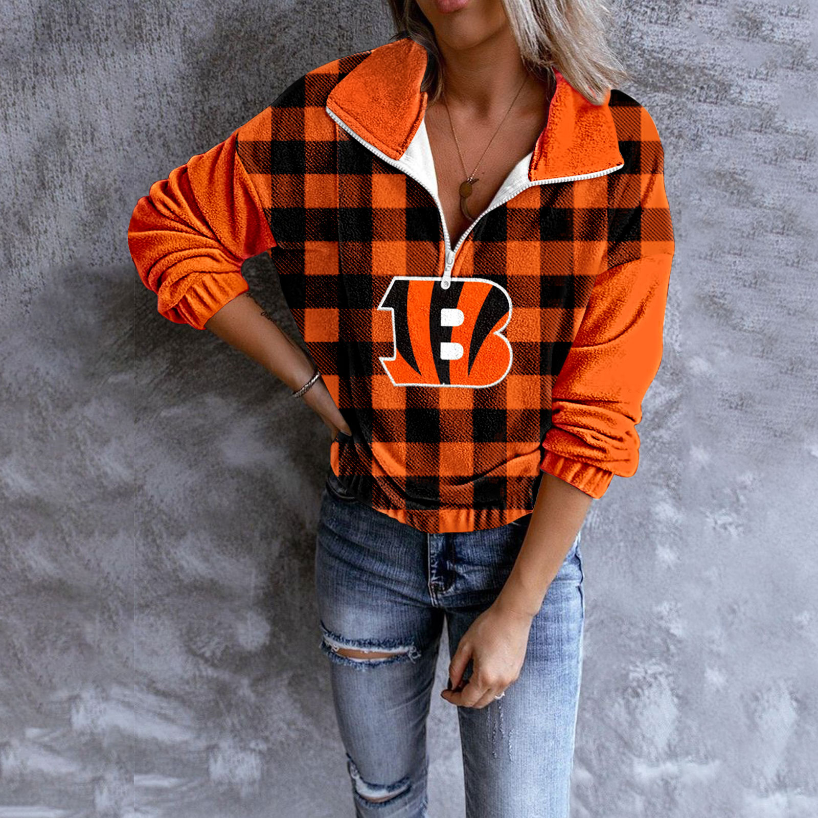 Unisex Plaid Quarter Zip Sweatshirt-Cincinnati Bengals - fitnfan