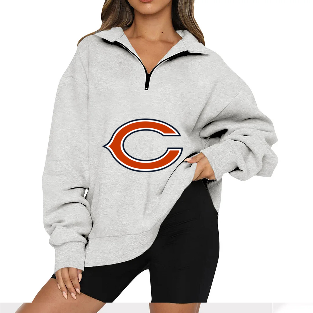 New Ladies Sports Leisure Lapel Zipper Sweatshirt-Chicago Bears - fitnfan
