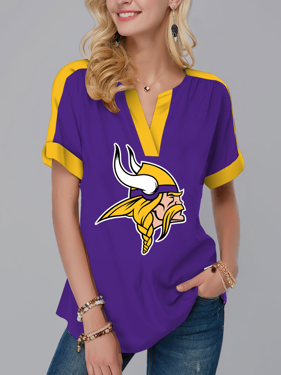 New  Fashion Short Sleeve V-Neck Shirt-Minnesota Vikings - fitnfan