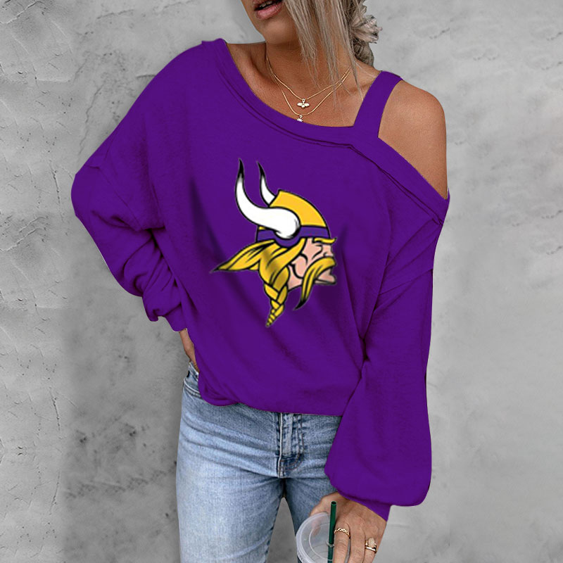 ASYMMETRICAL NECK SHIFT Casual LONG SLEEVE TOP-Minnesota Vikings - fitnfan