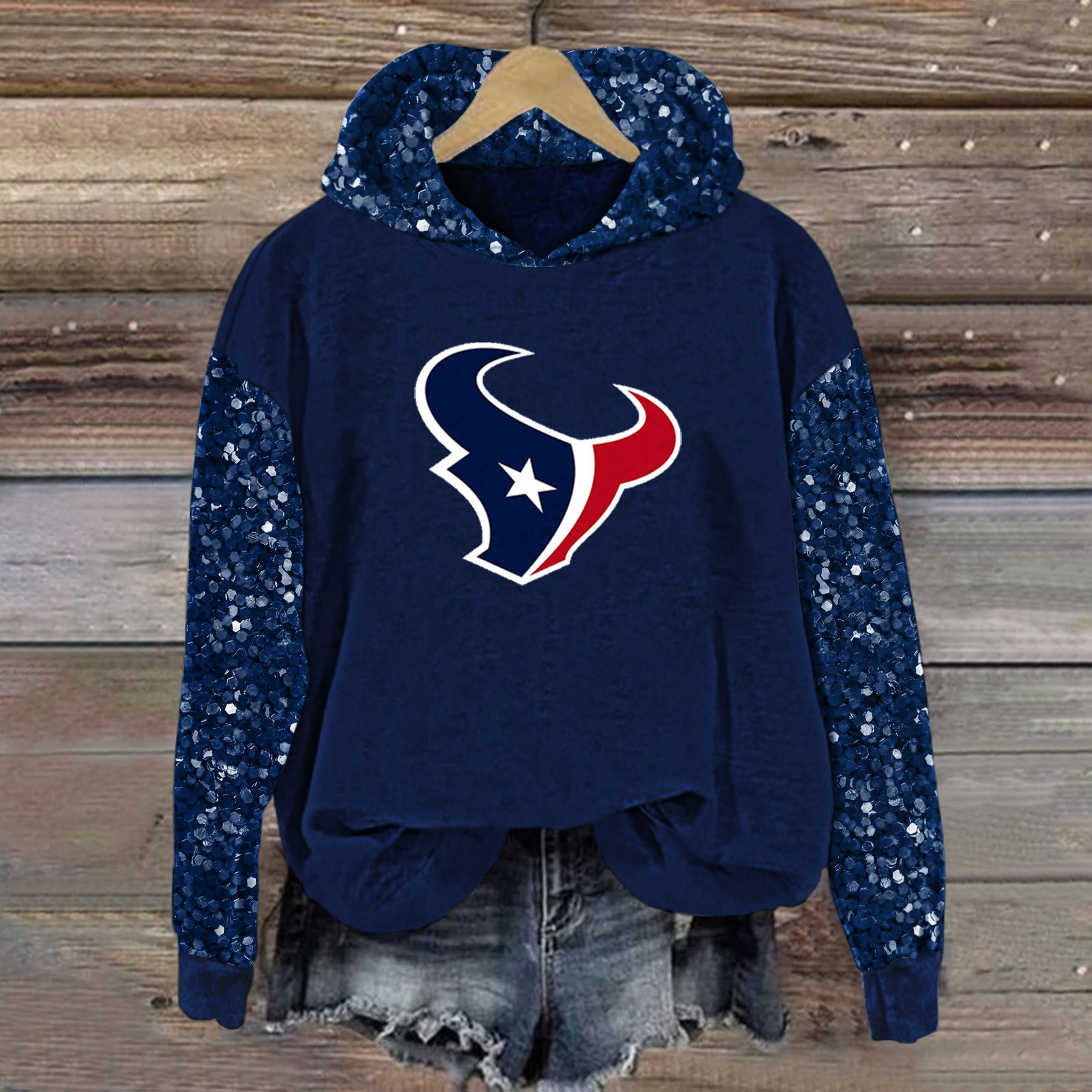 Sequined Sleeves Vintage Hoodie-Houston Texans - fitnfan