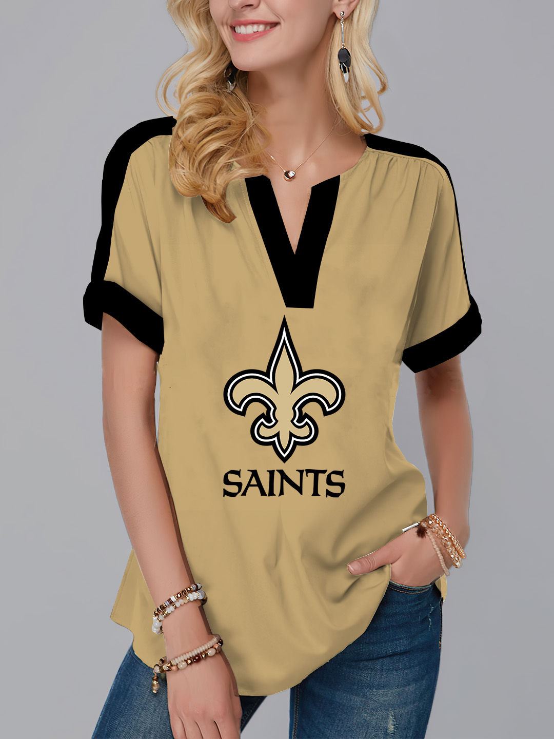 New  Fashion Short Sleeve V-Neck Shirt-New Orleans Saints - fitnfan