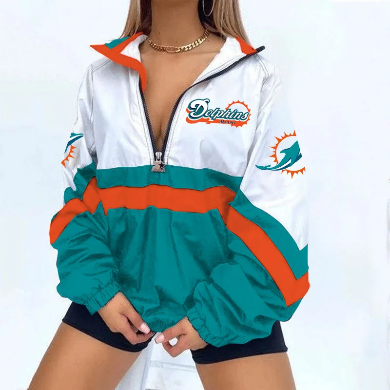 Women's Football Print V Neck Zipper Sweatshirt Jacket-Miami Dolphins - fitnfan