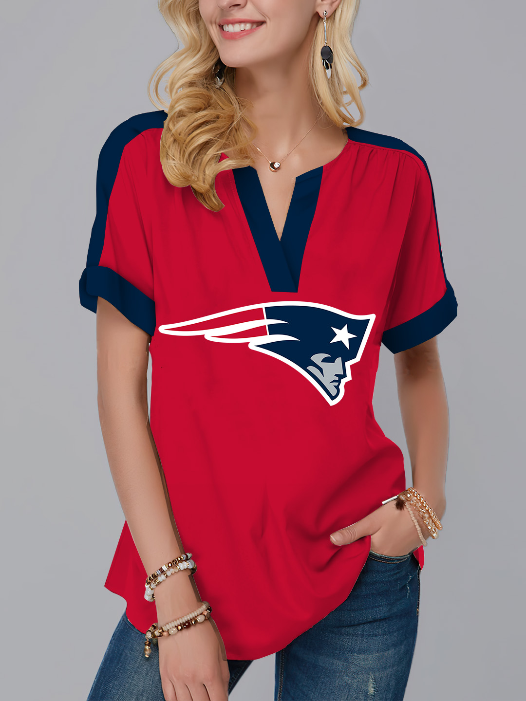 New  Fashion Short Sleeve V-Neck Shirt-New England Patriots - fitnfan