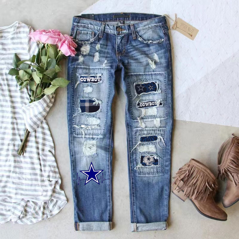 Casual fashion perforated printed jeans-Dallas Cowboys - fitnfan