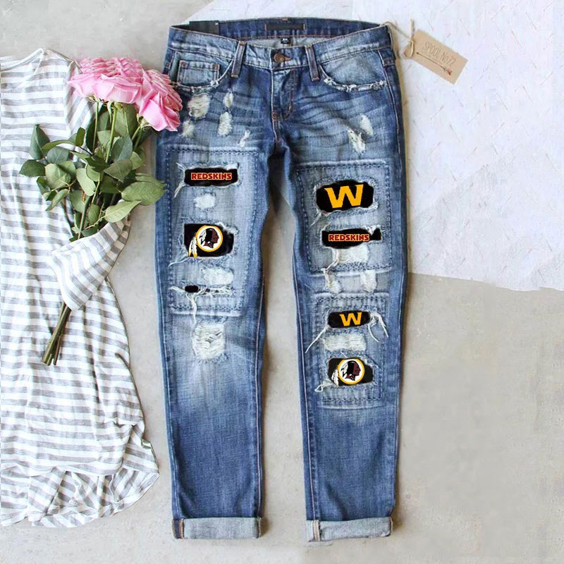 Casual fashion perforated printed jeans-Washington Commanders - fitnfan
