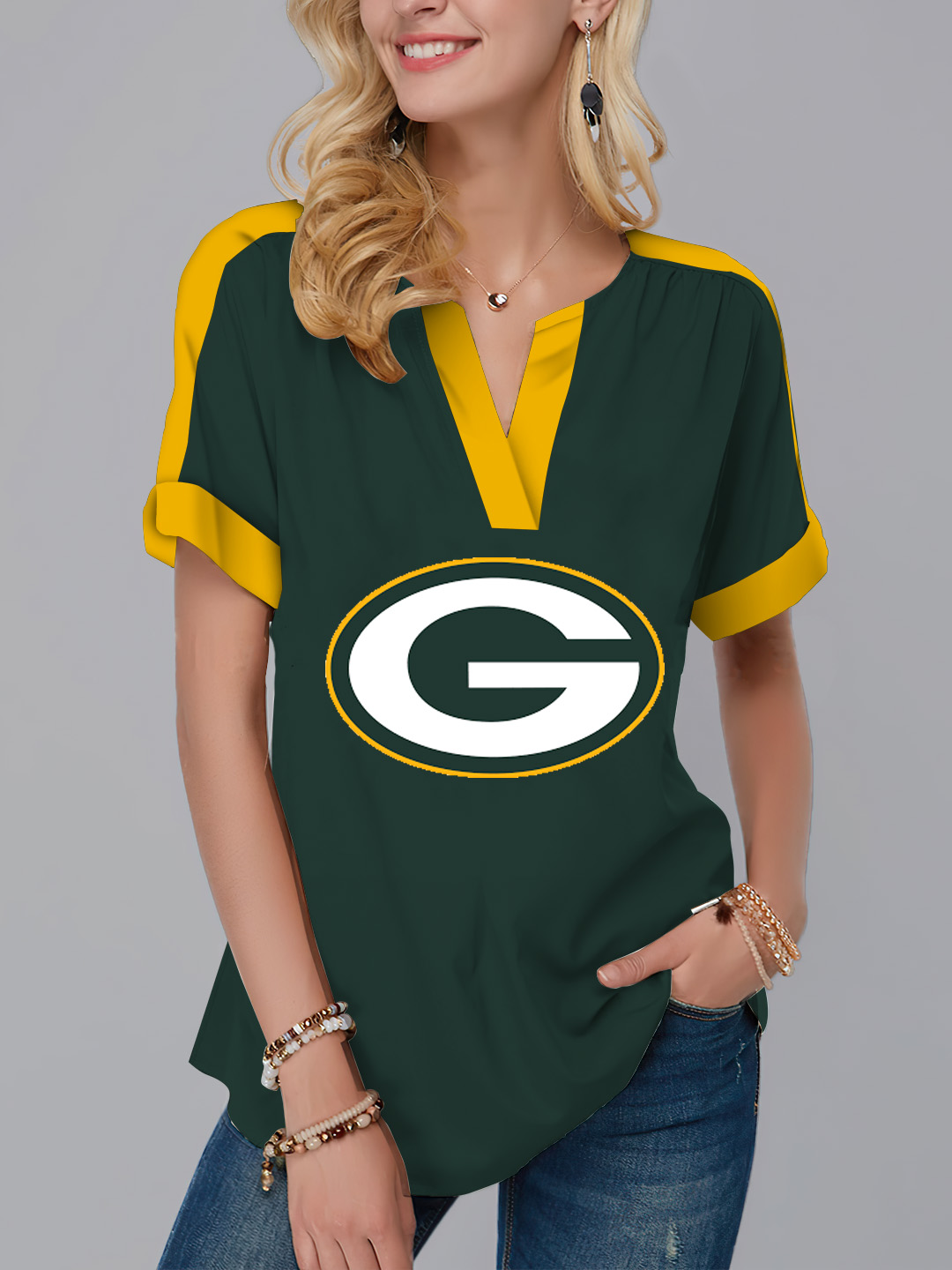 New  Fashion Short Sleeve V-Neck Shirt-Green Bay Packers - fitnfan