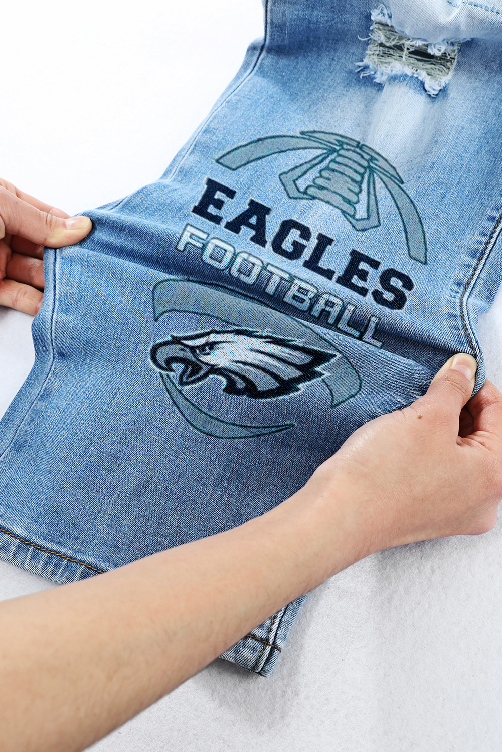 STRETCH RIPPED FRAYED RAW HEM DISTRESSED DENIM JEANS WITH HOLE-Philadelphia Eagles - fitnfan