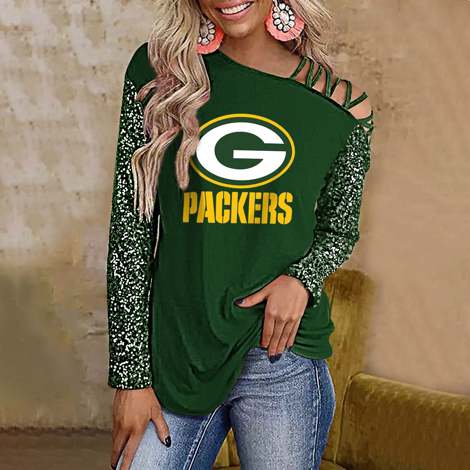 Color-Blocked Criss-Cross One Shoulder Blouse-Green Bay Packers - fitnfan