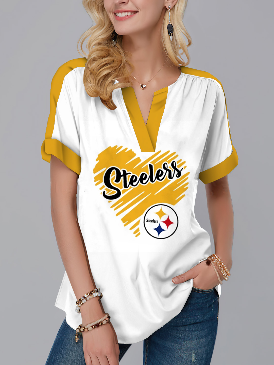 New Fashion Short Sleeve V-Neck Shirt-Pittsburgh Steelers - fitnfan