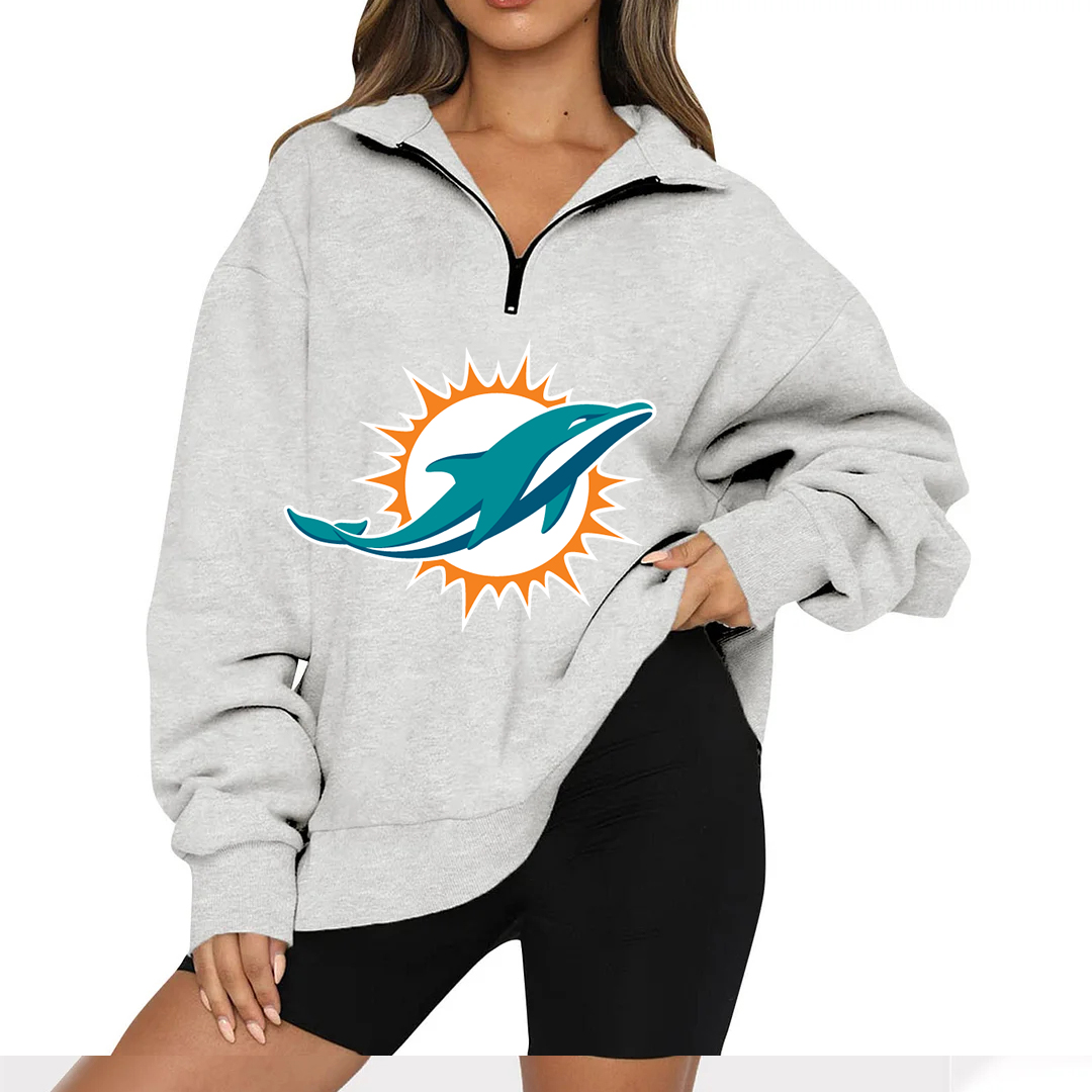 New Ladies Sports Leisure Lapel Zipper Sweatshirt-Miami Dolphins - fitnfan