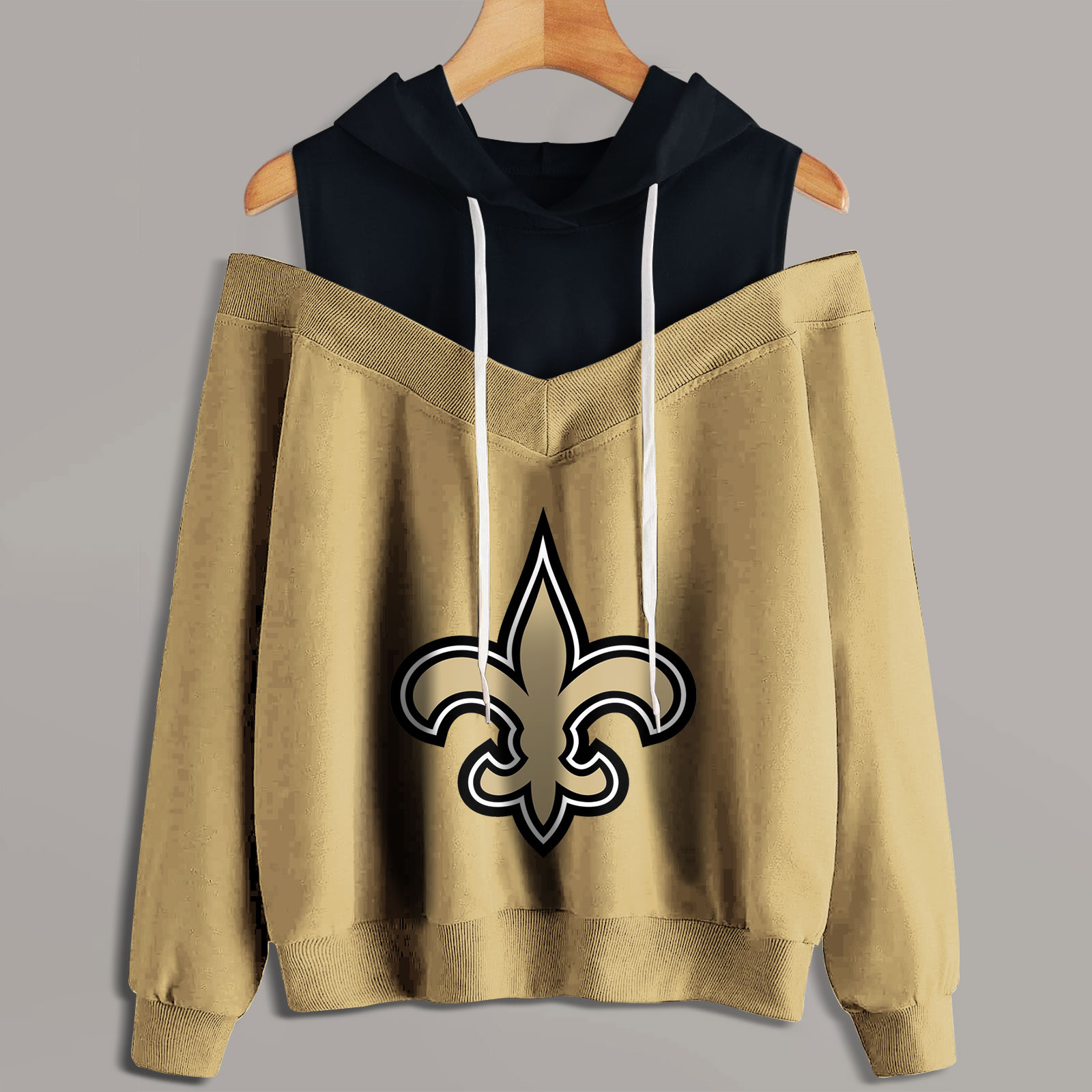 2 In 1 Colorblock Cold Shoulder Hoodie-New Orleans Saints - fitnfan