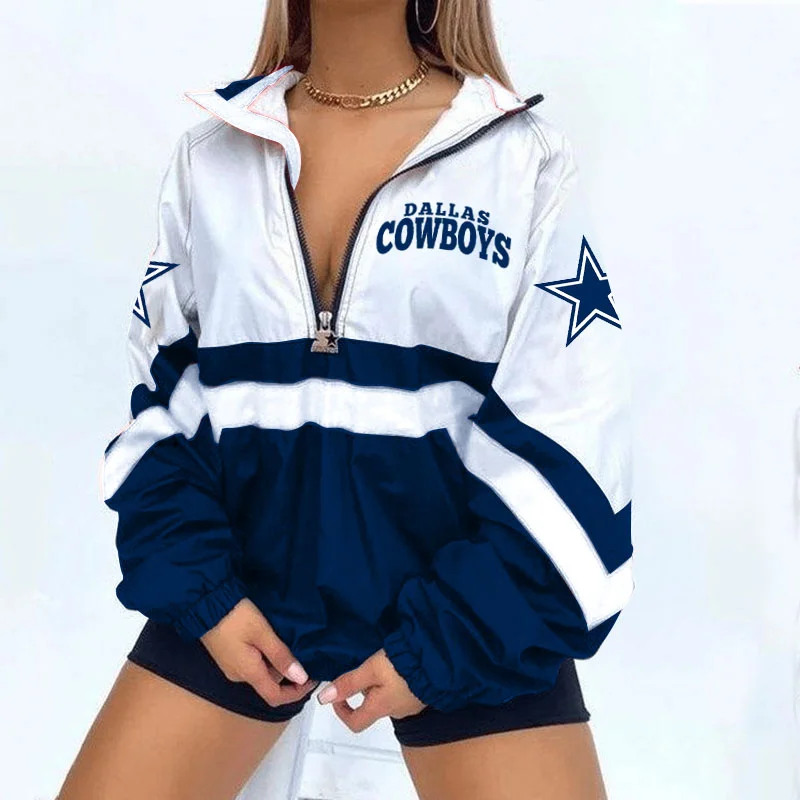 Women's Football Print V Neck Zipper Sweatshirt Jacket-Dallas Cowboys - fitnfan