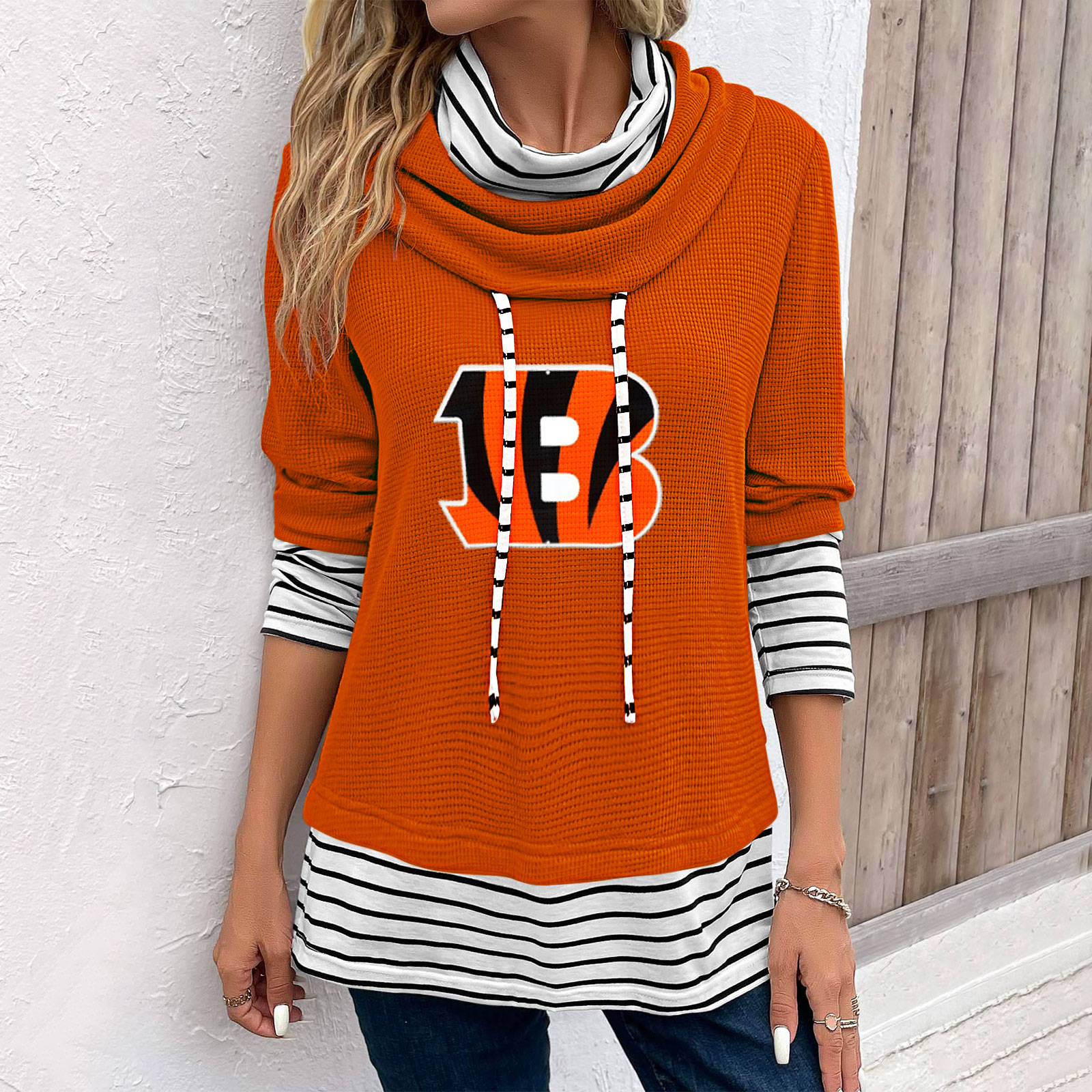 Patchwork Striped Cowl Neck Long Sleeve Sweatshirt-Cincinnati Bengals - fitnfan