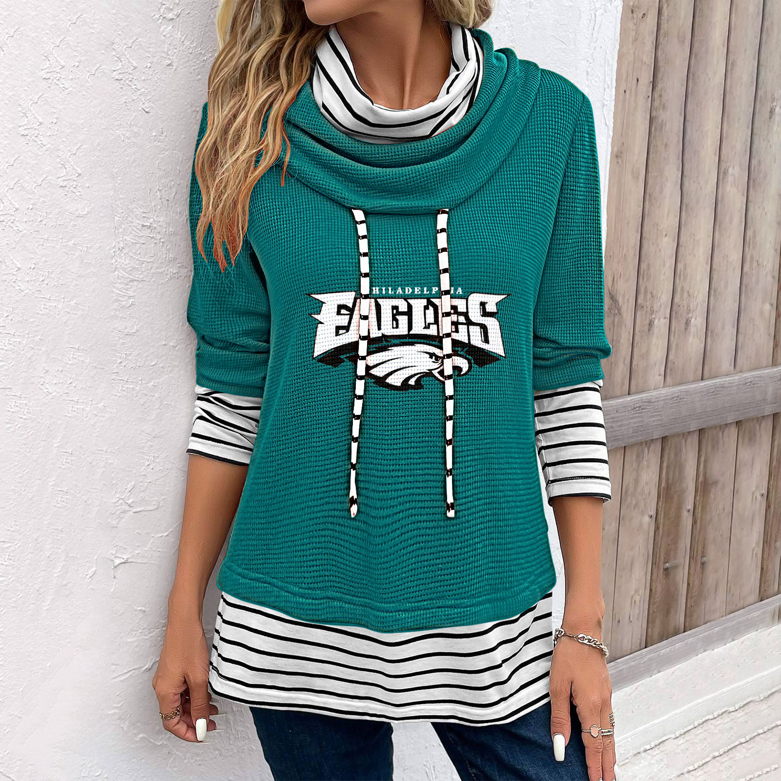 Patchwork Striped Cowl Neck Long Sleeve Sweatshirt-Philadelphia Eagles - fitnfan