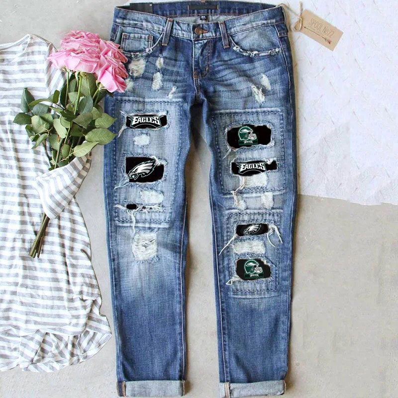 Casual fashion perforated printed jeans-Philadelphia Eagles - fitnfan