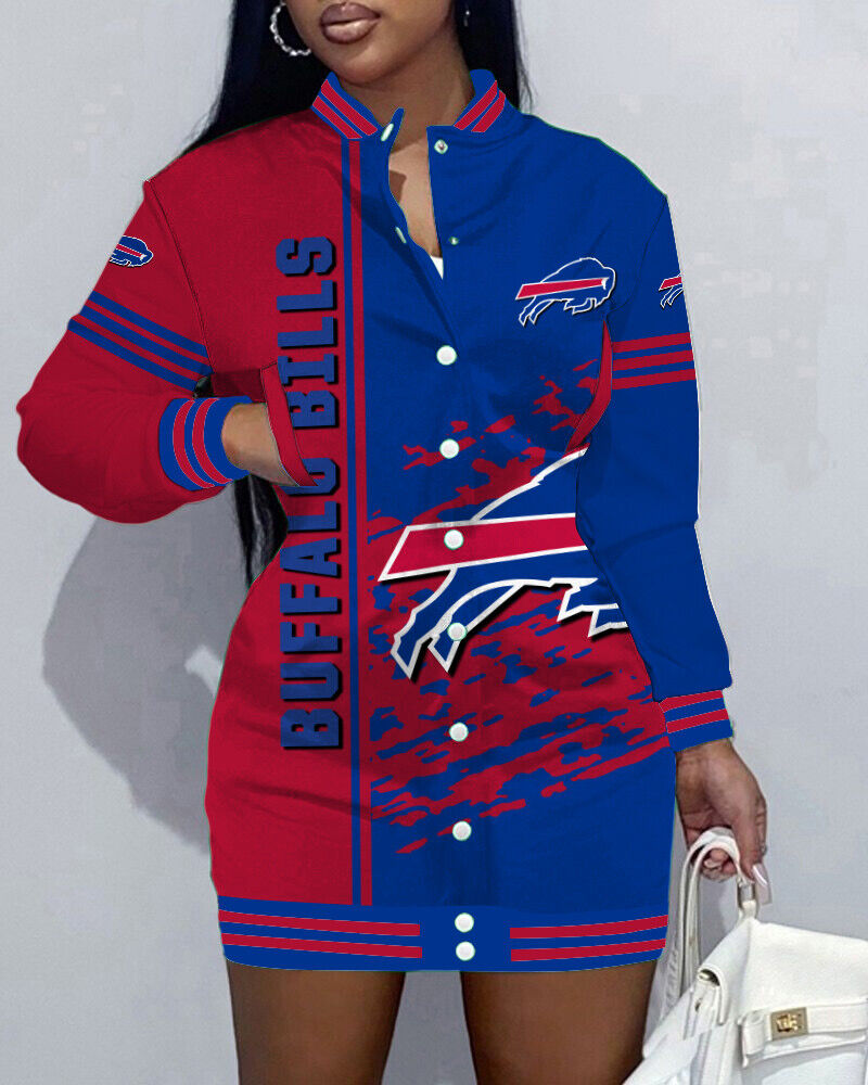 NewLimited Edition Button Down Long Sleeve Jacket Dress-Buffalo Bills - fitnfan