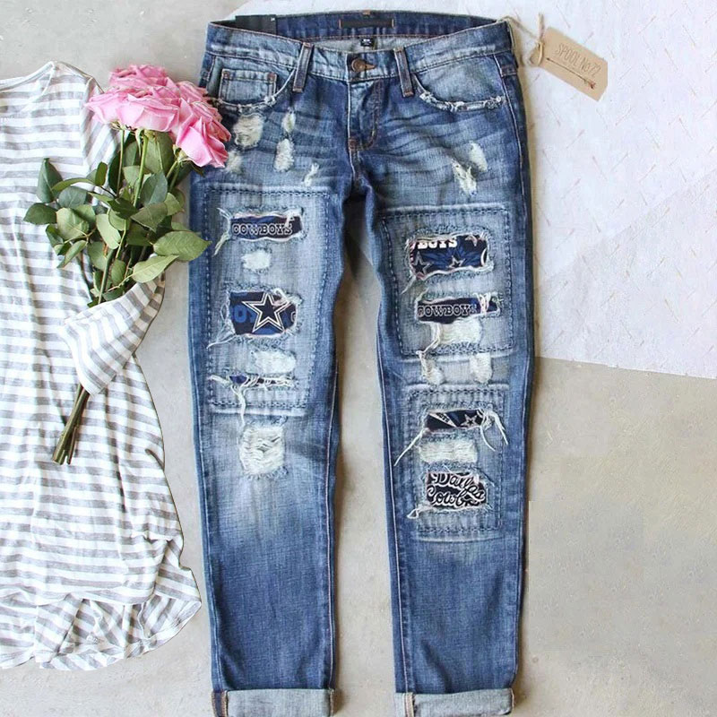 Casual fashion perforated printed jeans-Dallas Cowboys - fitnfan