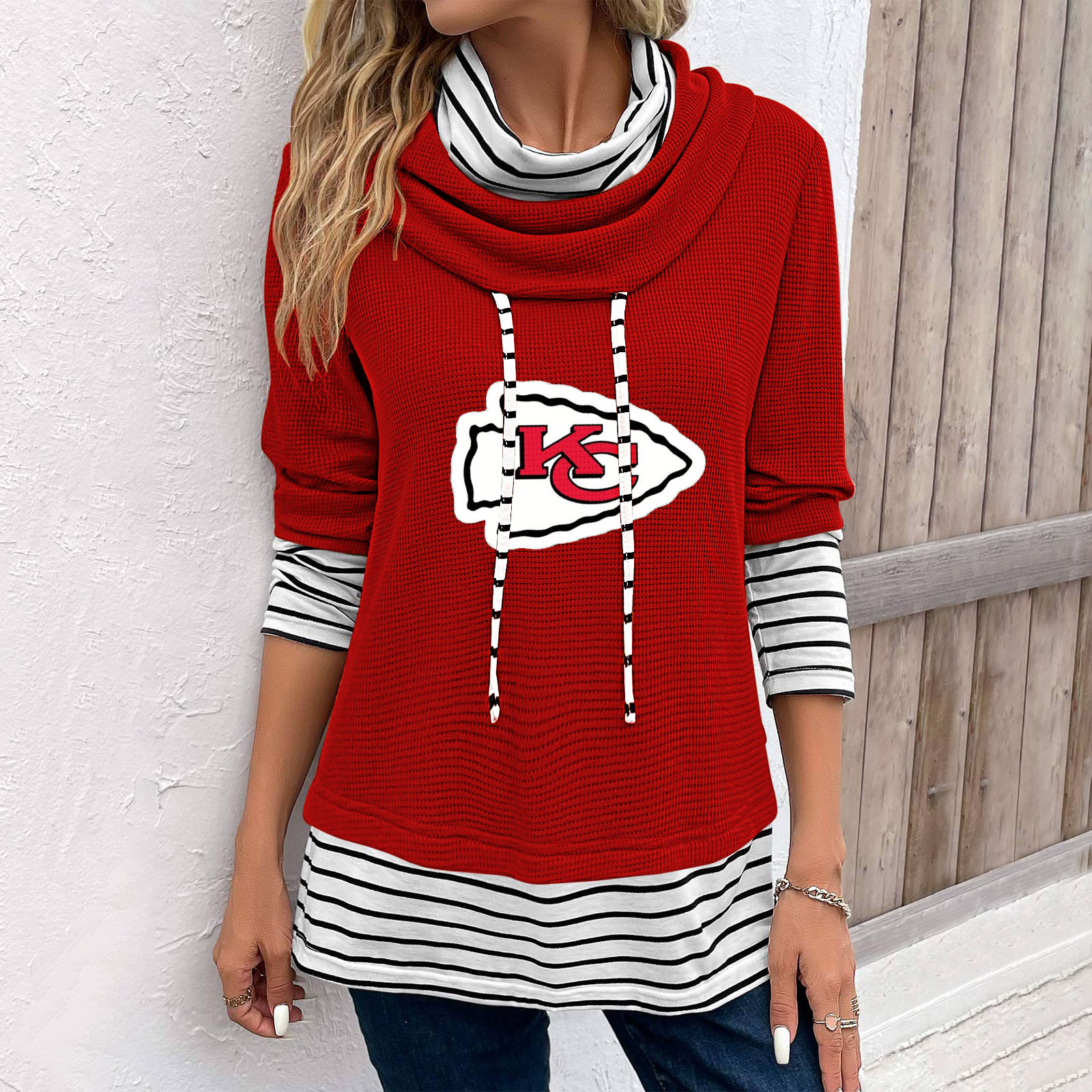 Patchwork Striped Cowl Neck Long Sleeve Sweatshirt - fitnfan