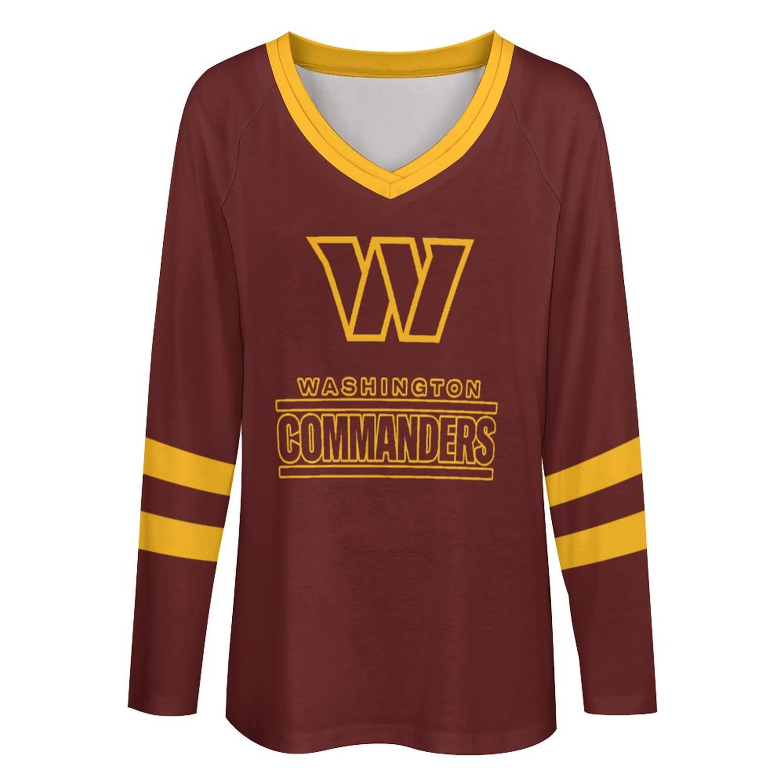 Washington Commanders Women's V-neck Double-layered Long-sleeved Loose T-shirt-Washington Commanders - fitnfan