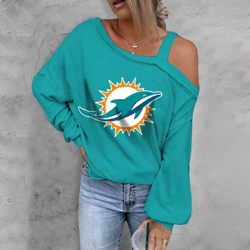 ASYMMETRICAL NECK SHIFT Casual LONG SLEEVE TOP-Miami Dolphins - fitnfan