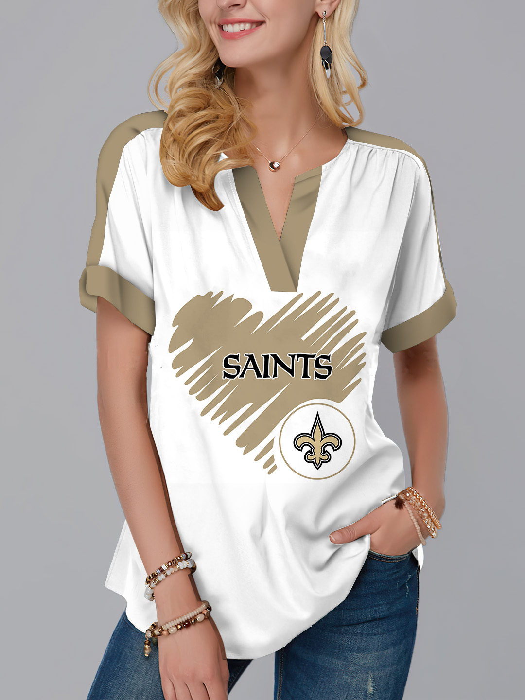 New  Fashion Short Sleeve V-Neck Shirt-New Orleans Saints - fitnfan