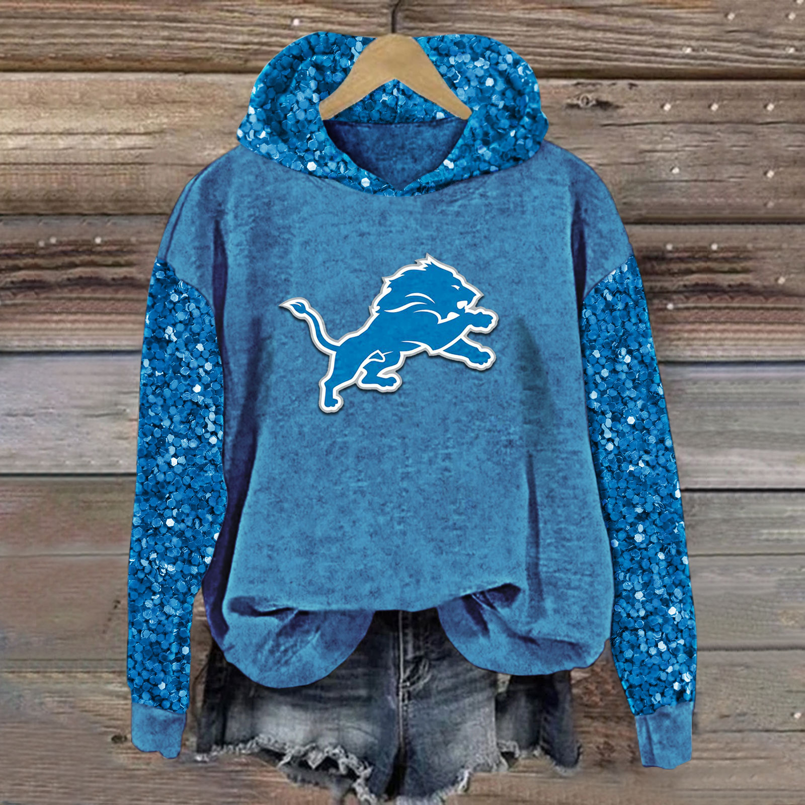 Sequined Sleeves Vintage Hoodie-Detroit Lions - fitnfan