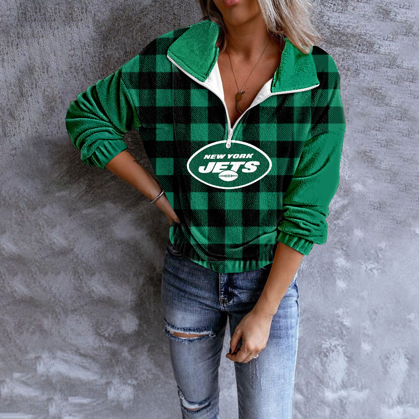 Unisex Plaid Quarter Zip Sweatshirt-New York Jets - fitnfan