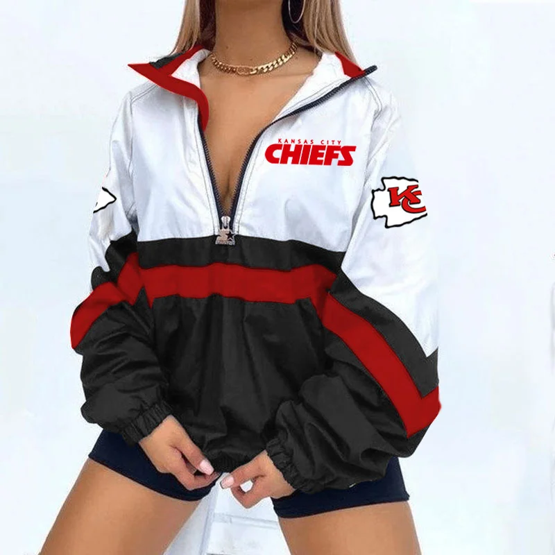 Women's Football Print V Neck Zipper Sweatshirt Jacket - fitnfan