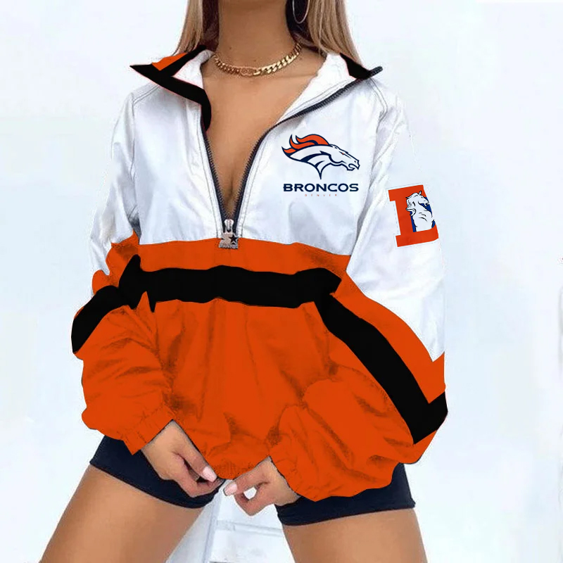 Women's Football Print V Neck Zipper Sweatshirt Jacket-Denver Broncos - fitnfan