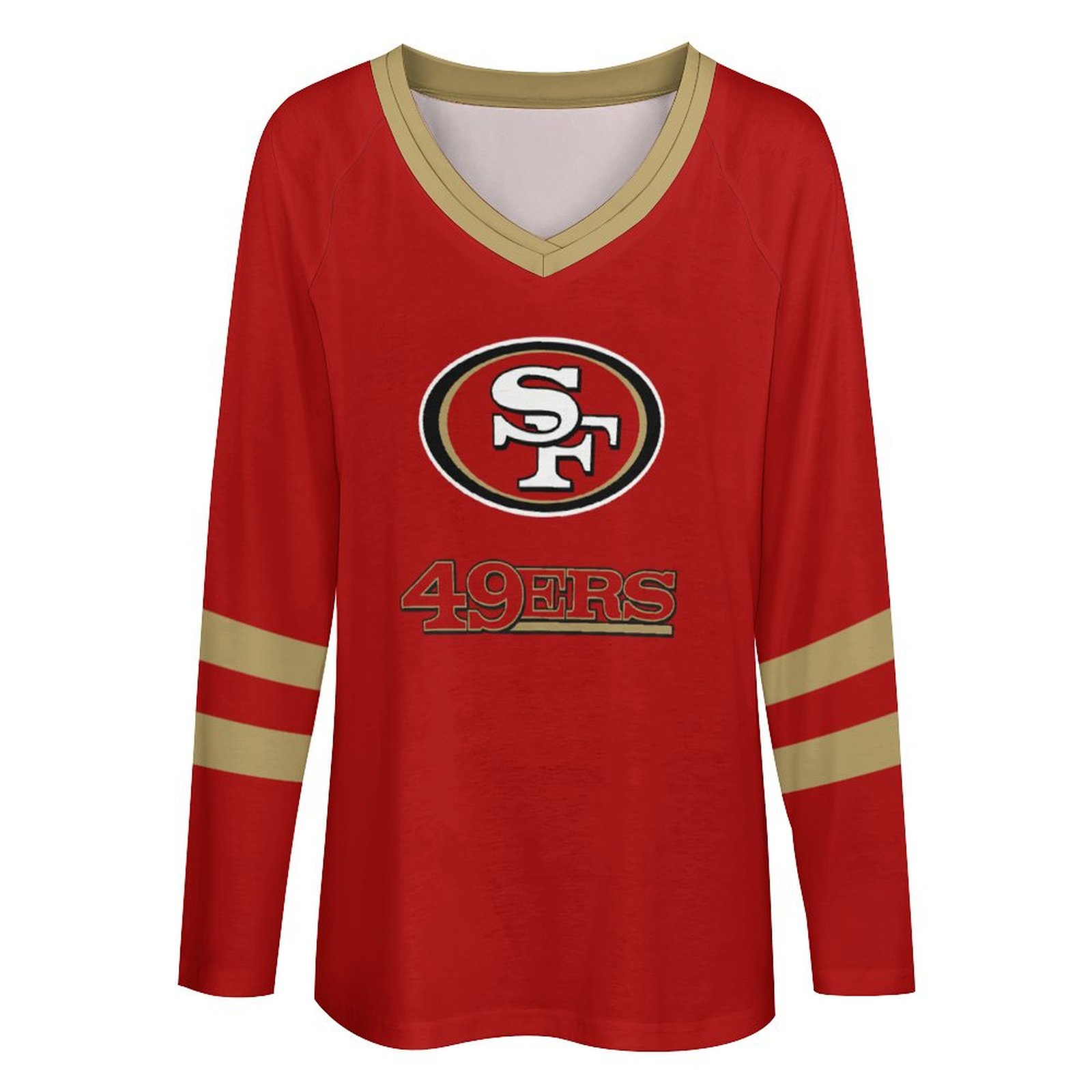 San Francisco 49ers Women's V-neck Double-layered Long-sleeved Loose T-shirt-San Francisco 49ers - fitnfan