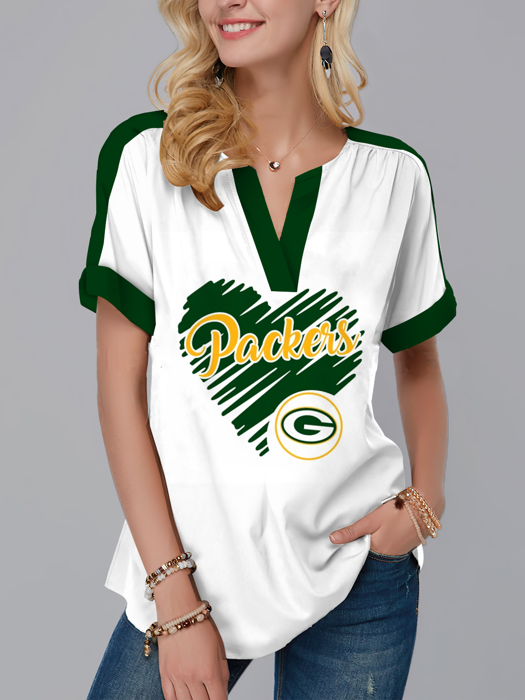 New  Fashion Short Sleeve V-Neck Shirt-Green Bay Packers - fitnfan