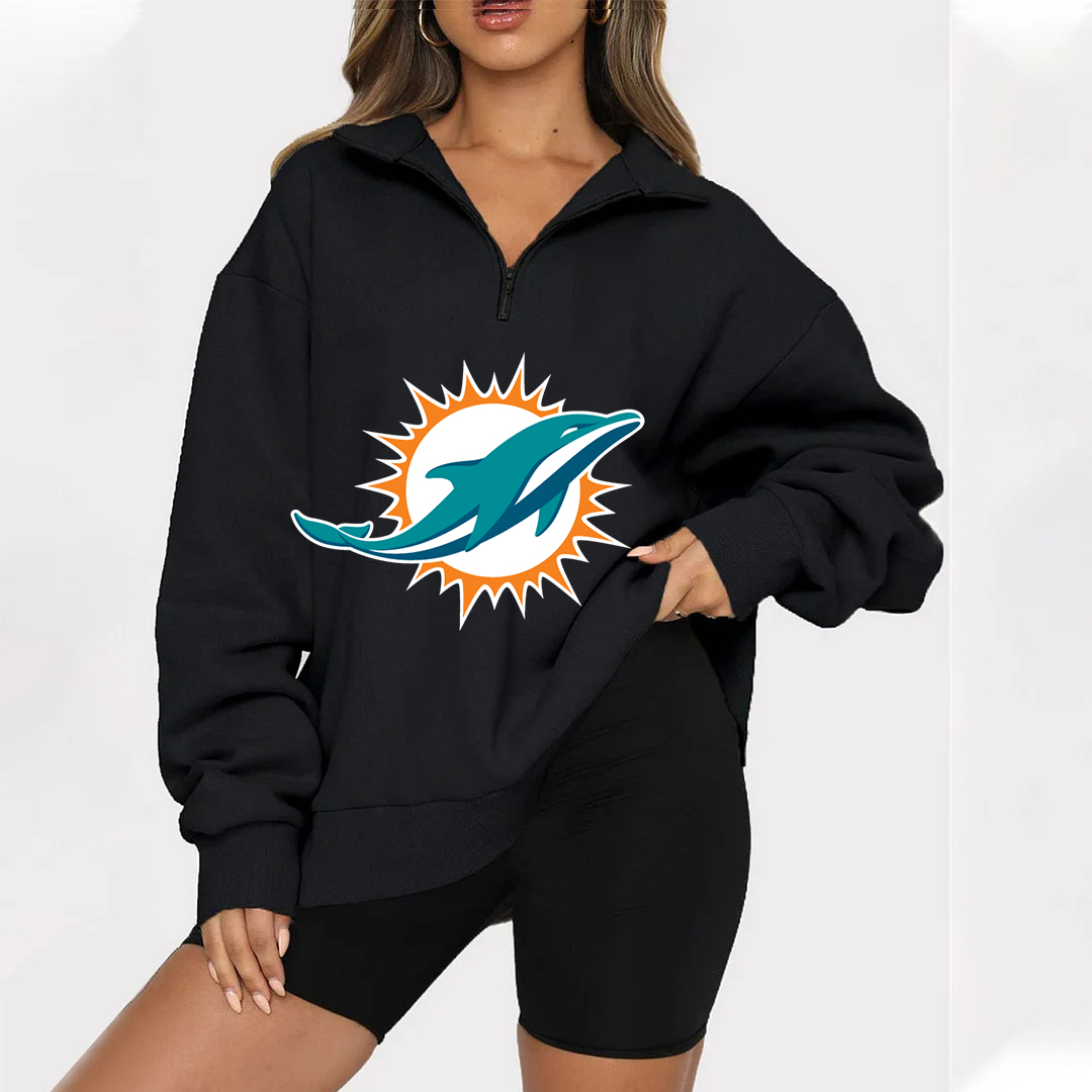 New Ladies Sports Leisure Lapel Zipper Sweatshirt-Miami Dolphins - fitnfan