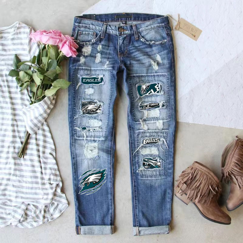 Casual fashion perforated printed jeans-Philadelphia Eagles - fitnfan