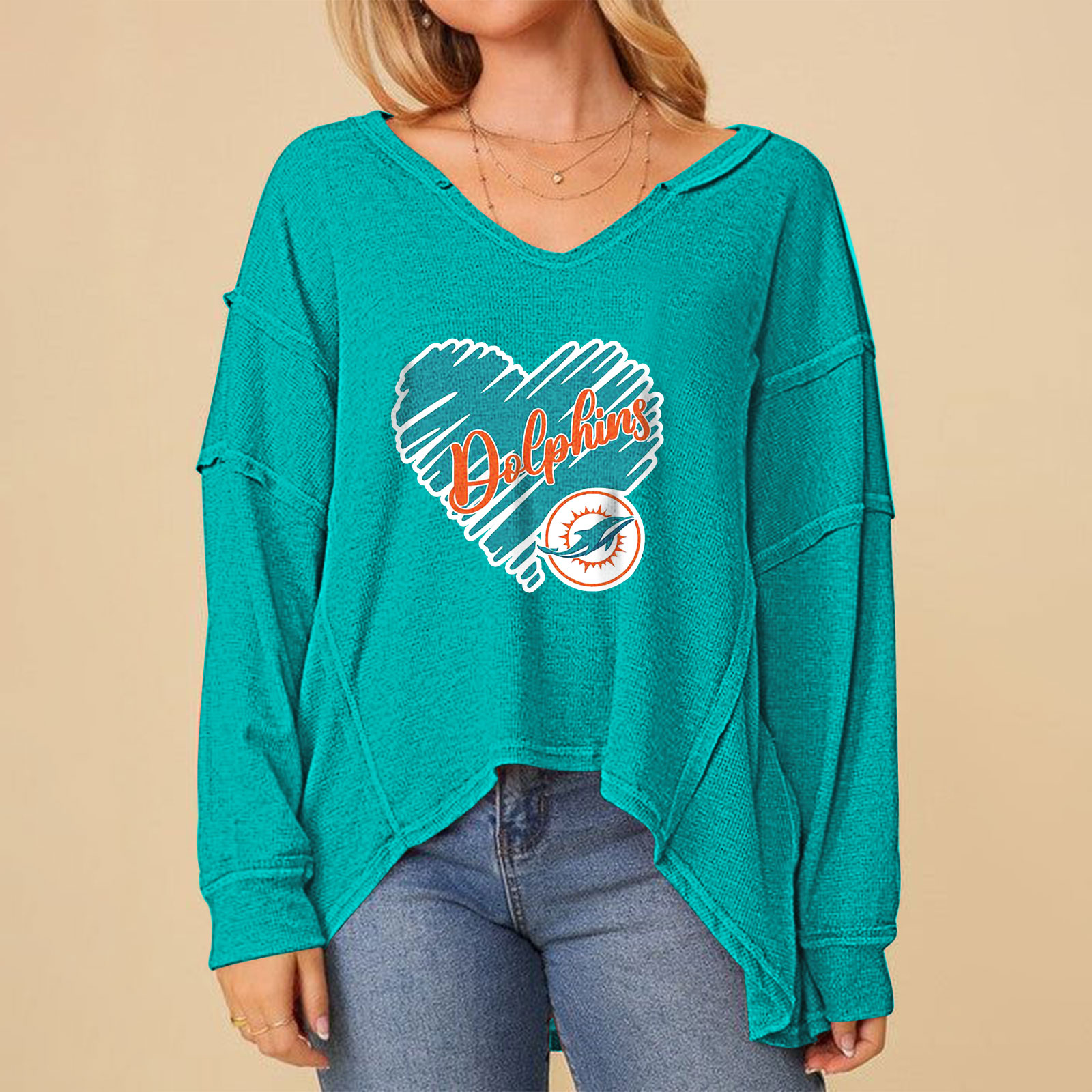 High Low V-Neck Oversized Top-Miami Dolphins - fitnfan