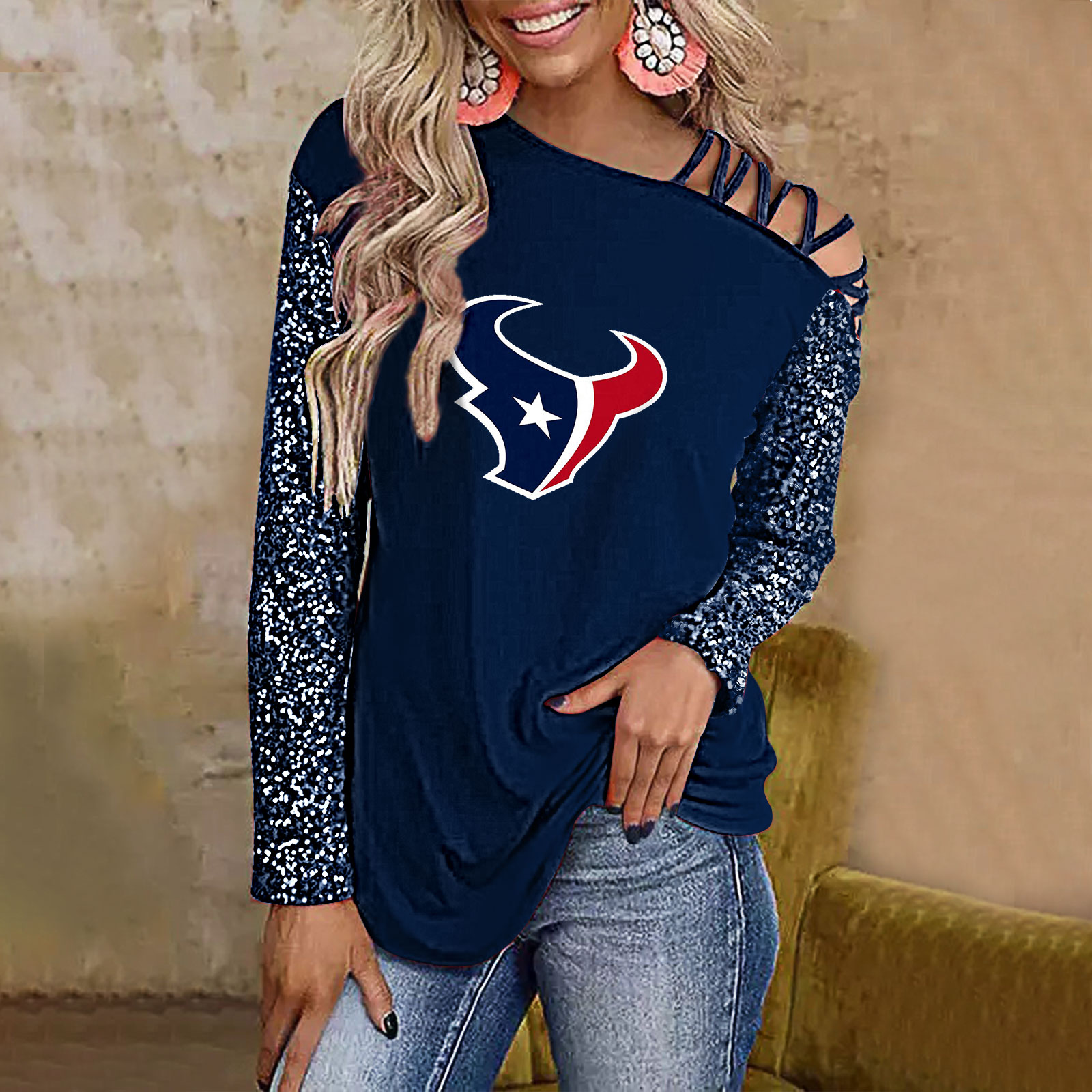 Color-Blocked Criss-Cross One Shoulder Blouse-Houston Texans - fitnfan