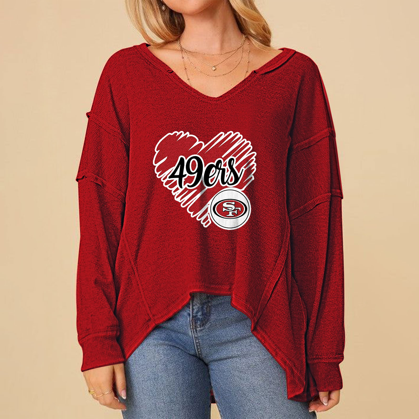 High Low V-Neck Oversized Top-San Francisco 49ers - fitnfan