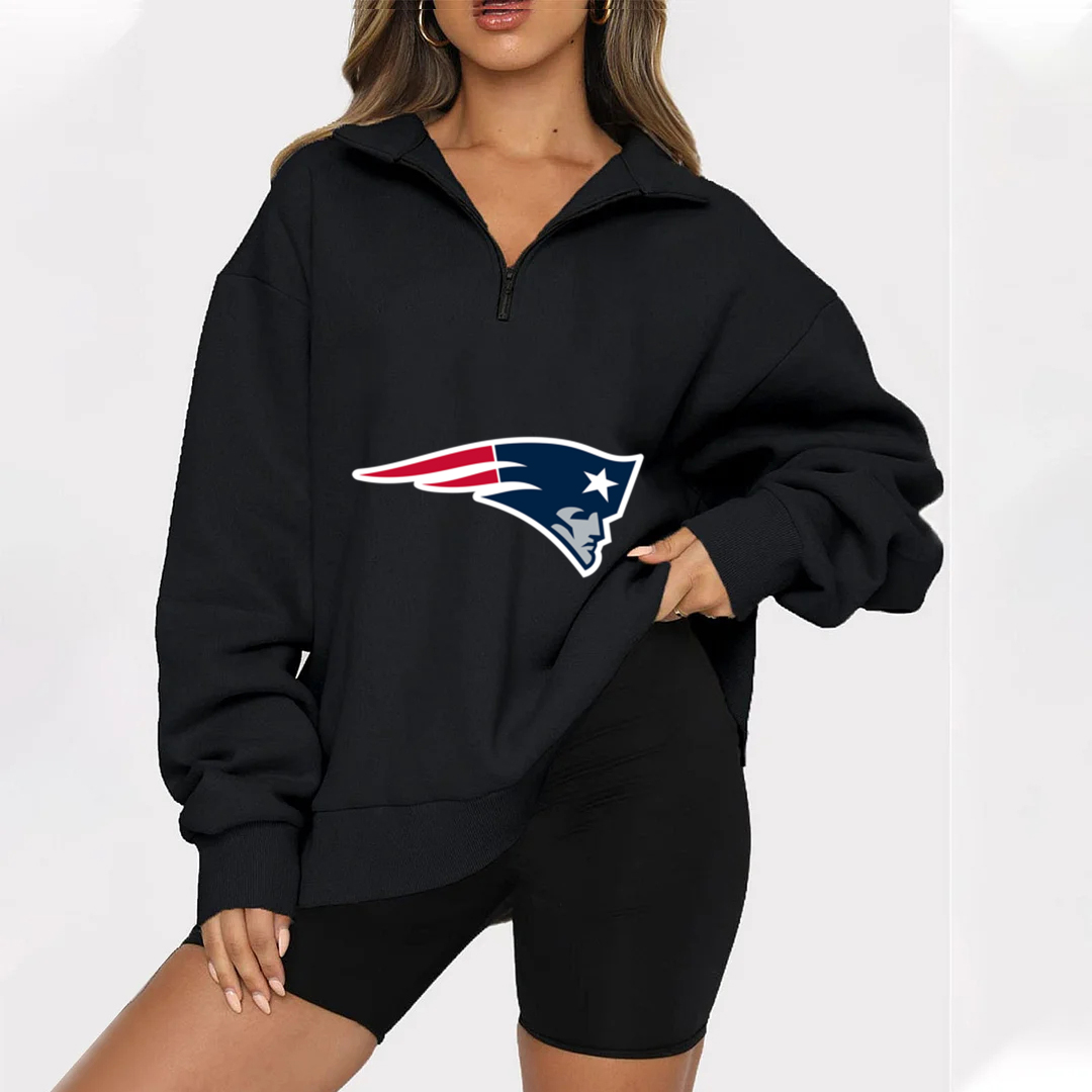 New Ladies Sports Leisure Lapel Zipper Sweatshirt-New England Patriots - fitnfan