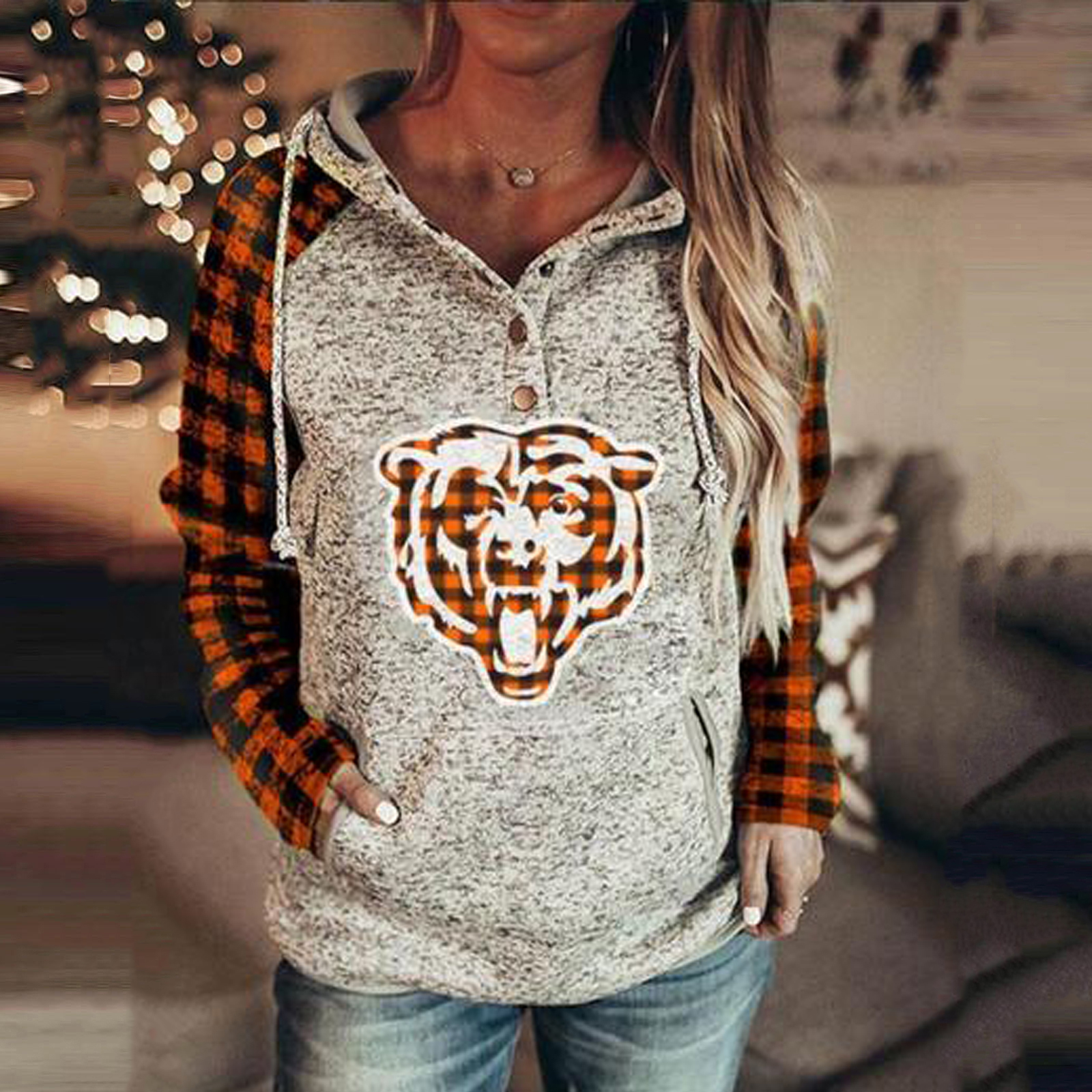 Plaid printed Casual Pullover Hoodie-Chicago Bears - fitnfan