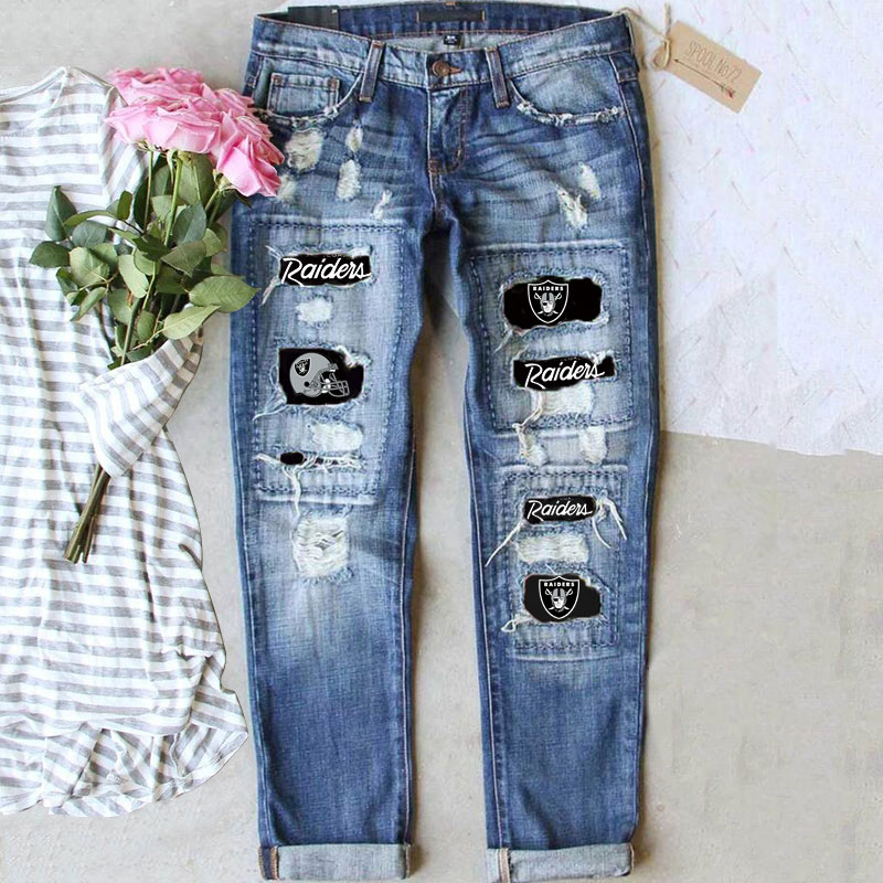 Casual fashion perforated printed jeans-Las Vegas Raiders - fitnfan
