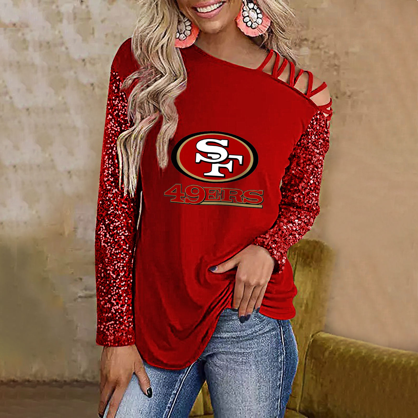 Color-Blocked Criss-Cross One Shoulder Blouse-San Francisco 49ers - fitnfan