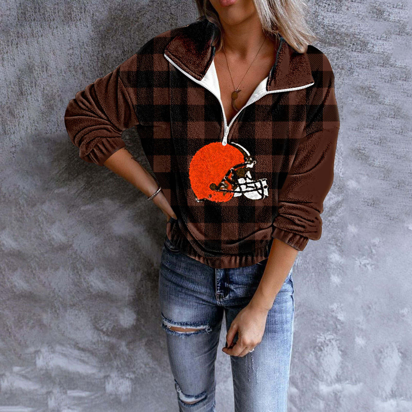 Unisex Plaid Quarter Zip Sweatshirt-Cleveland Browns - fitnfan