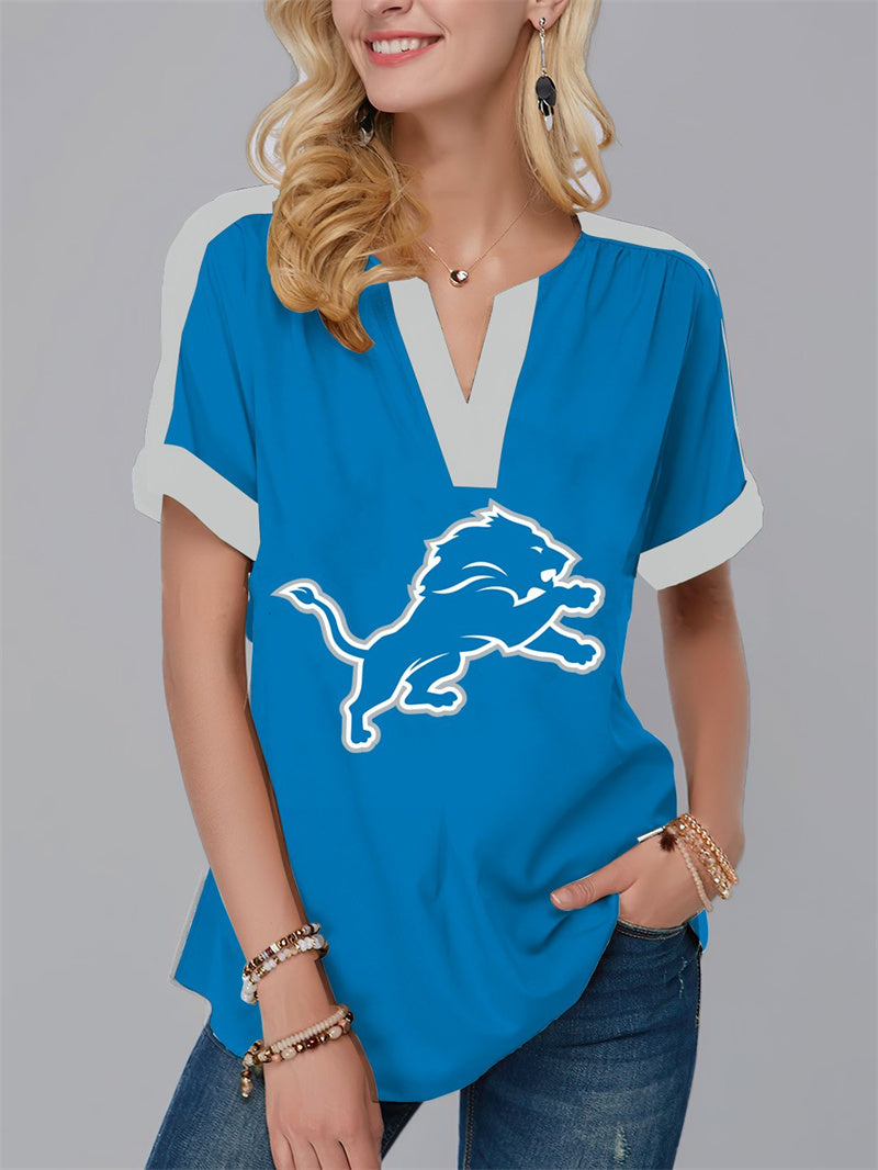 NewFashion Short Sleeve V-Neck Shirt-Detroit Lions - fitnfan