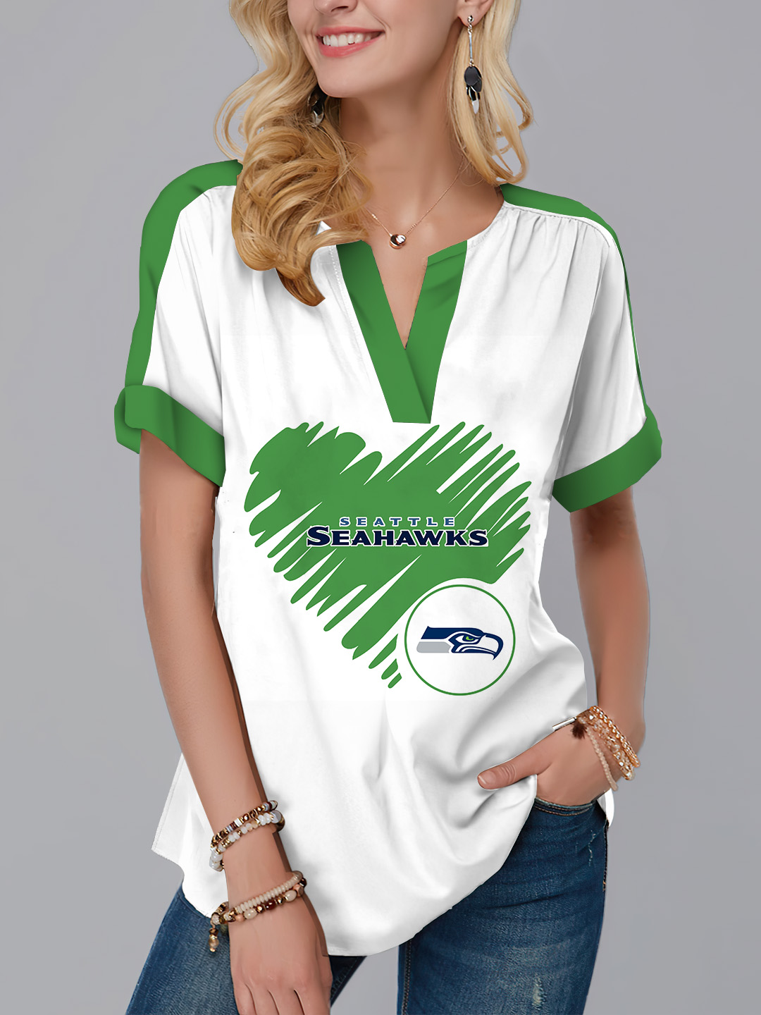 Seattle Seahawks  Fashion Short Sleeve V-Neck Shirt-Seattle Seahawks - fitnfan