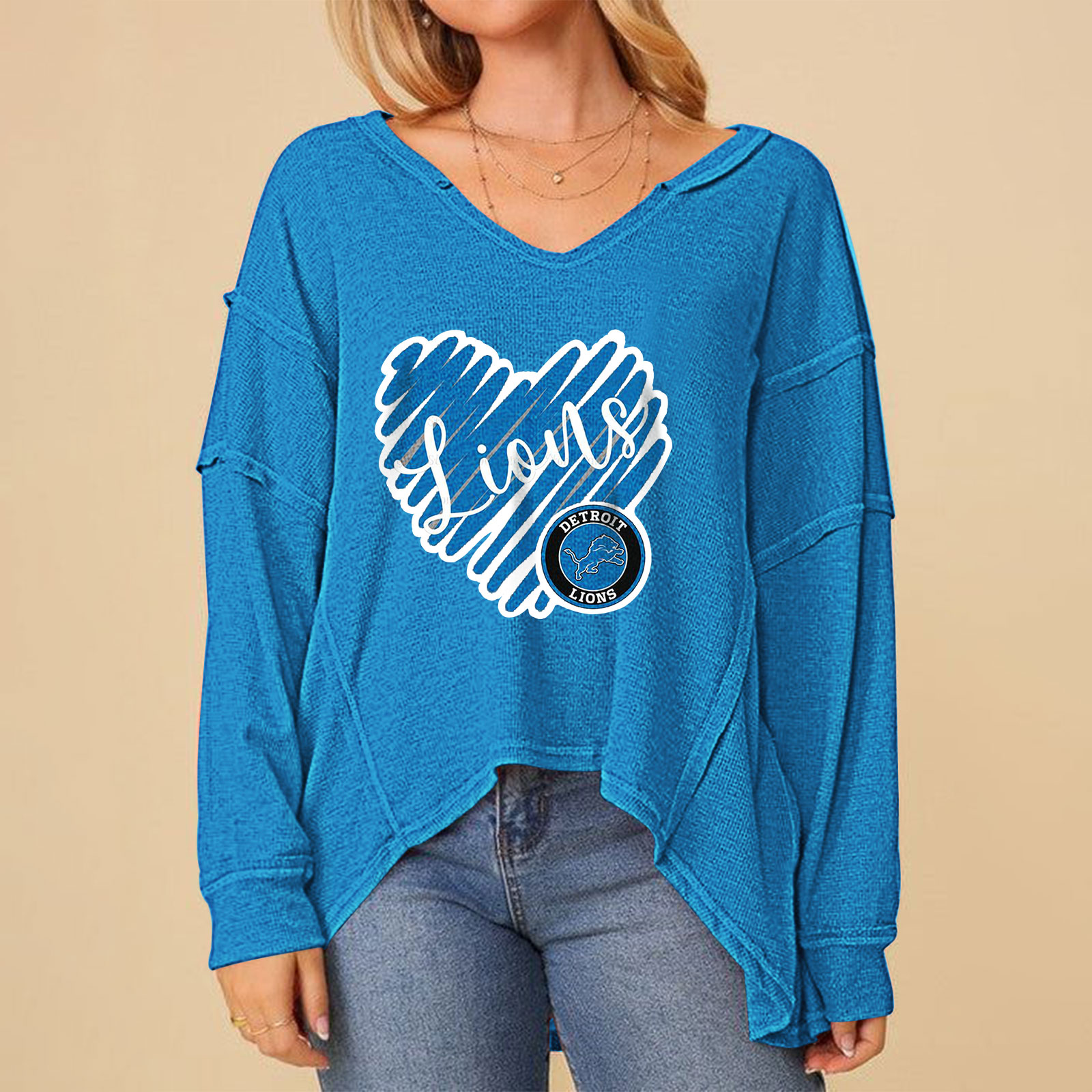 High Low V-Neck Oversized Top-Detroit Lions - fitnfan