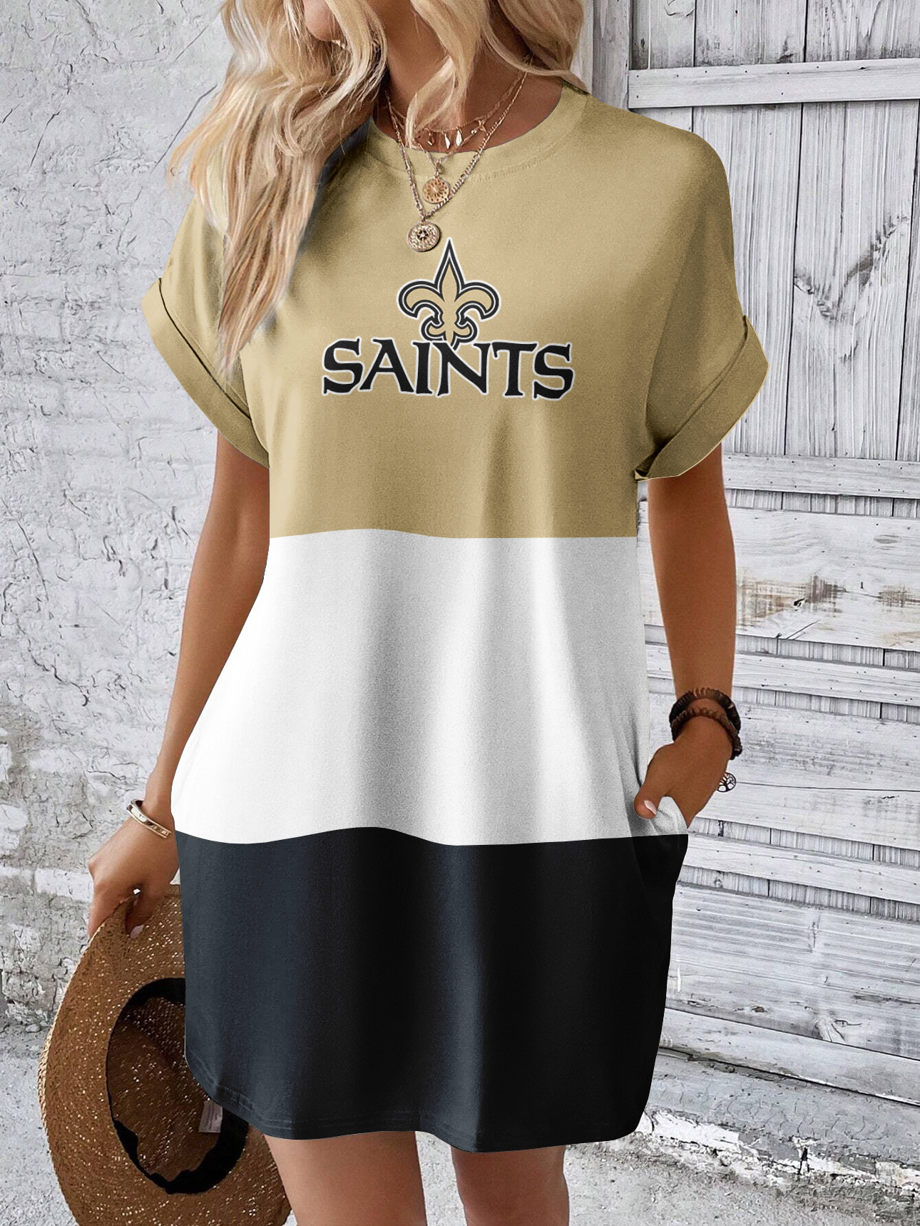 New Orleans Saints Solid Hidden Pocket Batwing Sleeve Tee Dress-New Orleans Saints - fitnfan