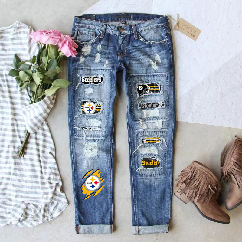 Casual fashion perforated printed jeans-Pittsburgh Steelers - fitnfan