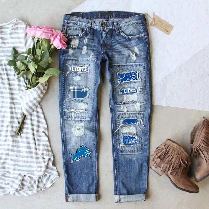 Casual fashion perforated printed jeans-Detroit Lions - fitnfan