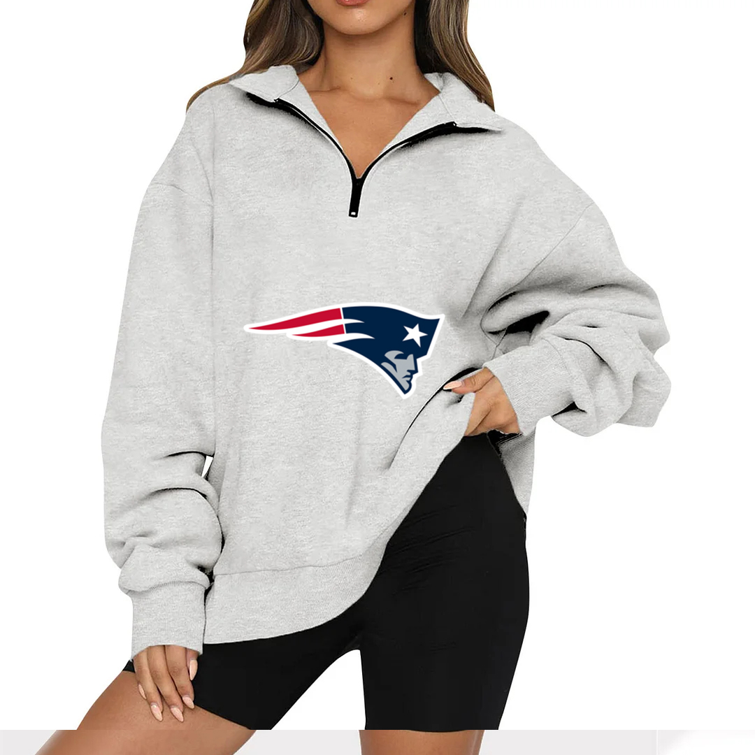 New Ladies Sports Leisure Lapel Zipper Sweatshirt-New England Patriots - fitnfan